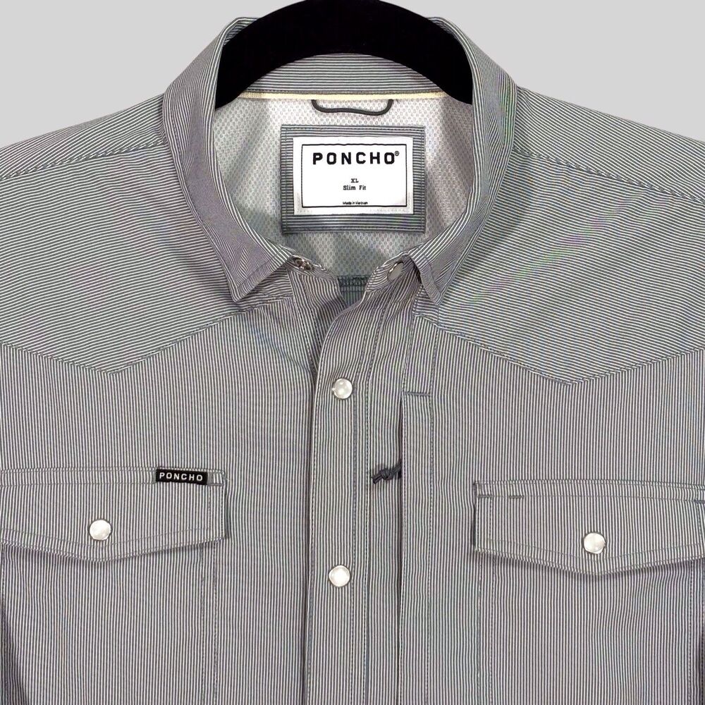 Poncho Pearl Snap Western Shirt Mens XL Slim Fit Gray Striped Vented Performance - Picture 5 of 11